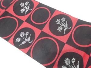 紗　市松に花模様織り出し　名古屋帯